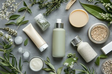 Wall Mural - Natural skincare products arranged on a gray surface surrounded by fresh herbs and plants in a soothing layout