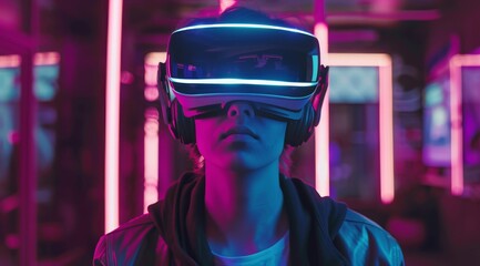 Poster - A person is wearing virtual reality goggles and is completely immersed in a strikingly vibrant neonlit environment, showcasing what the future holds for gaming experiences and digital interactions