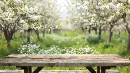 Wall Mural - Spring apple garden with white blossoms and wooden table