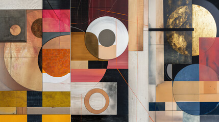 Poster - A painting of a collage of circles and squares with a gold frame