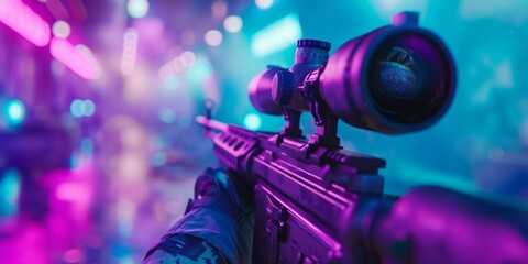 Poster - A striking view of a sniper rifle in a vibrant neon-lit environment, symbolizing action and adventure.