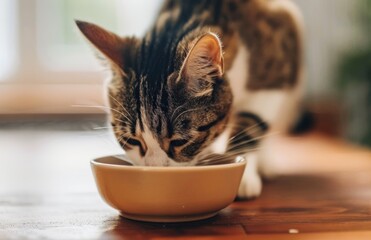 Wall Mural - A cat is drinking from a bowl on a wooden table