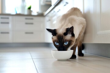 Wall Mural - A cat is eating out of a white bowl on a kitchen floor