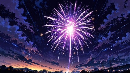 Wall Mural - anime style purple fireworks display on a dark sky for background