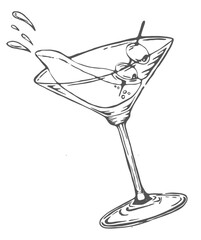 spilled martini glass sketch drawing with two olives