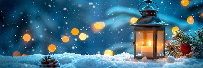 Wall Mural - A candle in a lantern is lit on a snowy ground. The lantern is surrounded by pine cones and red berries. The scene is serene and peaceful, with the candlelight creating a warm and inviting atmosphere