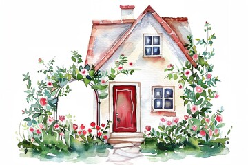 Wall Mural - A house with a red door and a white roof. The house is surrounded by a garden with flowers