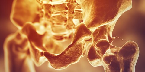 Wall Mural - A close up of a human hip bone with a yellowish tint. The bone is shown in a 3D rendering, giving it a more realistic appearance. The bone is surrounded by a warm, glowing light