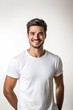 © Ninna Rodrigues - Portrait of a smiling man. Happy confident guy posing wearing casual white t-shirt, isolated on transparent background