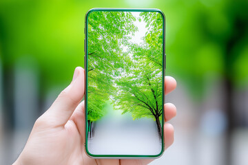 A person is holding a phone with a green screen that shows a forest. Concept of tranquility and connection to nature