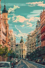 Naklejka na meble Vintage postcard from Madrid. View of Madrid, travel in Spain. Spain City Skyline with color Buildings. Vertical banner, copy space. Modern and Historic Architecture. Madrid Day. Tourist attractions