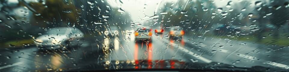 Poster - Blurred raindrops on a vehicle's windshield while driving on a residential road, intentionally softened for artistic effect.