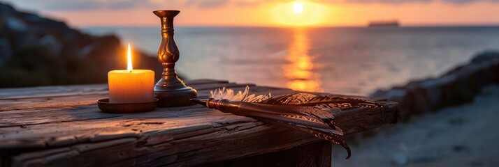 Canvas Print - Vintage Candle Holder and Quill Pen on Rustic Wooden Table with Scenic View