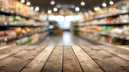 Poster - Wooden table with blurred background for product display in supermarket.