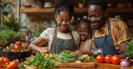 Wall Mural - Milo's Black family cooking together in a cozy kitchen while sharing smiles and preparing fresh vegetables