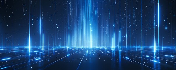 Poster - Futuristic dark blue background with dynamic light beams and glowing effects