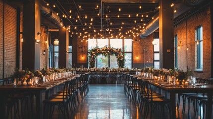 Poster - A beautifully arranged wedding reception features long tables adorned with candles and flowers, illuminated by warm string lights, creating a cozy and romantic atmosphere at dusk.
