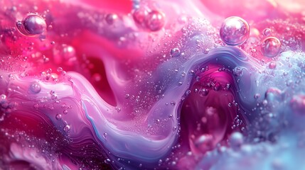 Sticker - a close up of a liquid filled with bubbles and water droplets on a pink and blue background