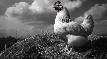 Canvas Print - Chicken on Hay Pile,