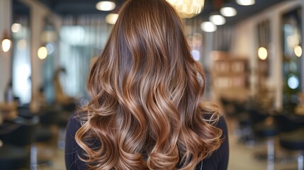 a woman with long, wavy hair in a salon setting