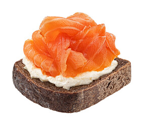 Wall Mural - Smoked salmon on rye bread slice isolated on white background