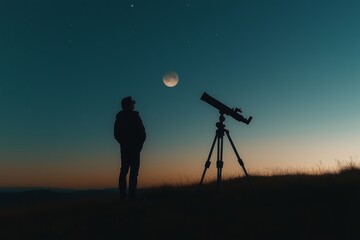 Amateur astronomer observing planets, stars, moon, and celestial objects with a telescope at night