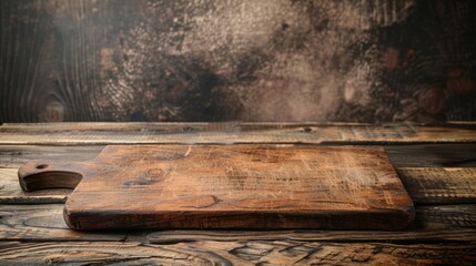 Wall Mural - Cutting board dropped on aged wooden table, food prep backdrop, vacant board for displaying products.