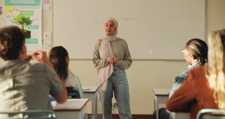 Poster - Teacher, students and woman in hijab for questions, lecture and exam advice at whiteboard. Men, women and Muslim professor in classroom for learning, discussion and university education with hand up