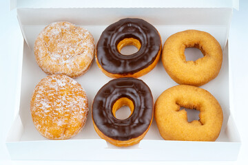 Half dozen donuts. Classic old fashioned doughnut. Chocolate glazed frosting dessert treat for breakfast. Jelly filled bakery sugar pastry. 6 delicious baked sweet food. Six tasty snack cake to eat.