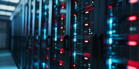 Poster - A contemporary and modern data center that showcases numerous server racks adorned with vibrant LED indicators