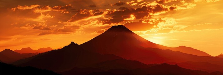 Poster - Mountain Silhouette Against an Orange Cloudy Sky at Sunset