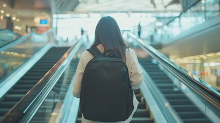 An Asian girl with a black backpack strolls through the airport terminal, symbolizing the journey and vacation theme, while a businesswoman anticipates her forthcoming trip.