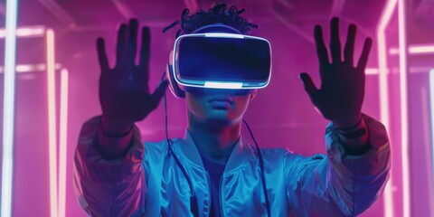 Poster - A person is immersed in a vibrant futuristic environment with advanced VR goggles and shimmering neon lights, highlighting the immersive experiences modern technology offers in todays digital age