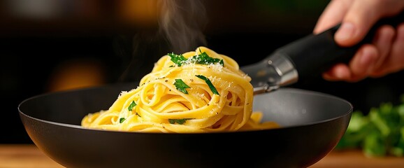 Creamy Carbonara Pasta, Cooking In Frying Pan, Kitchen Background, Close-Up, Inviting