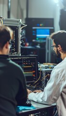 Wall Mural - Engineers Performing Radio Frequency Tests in State-of-the-Art Technical Lab with Precision Equipment