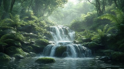 Canvas Print - Serene Waterfall in Lush Rainforest