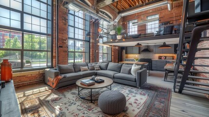 Sticker - Modern Loft Interior Design with Exposed Brick Walls