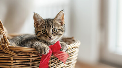 Cute kitten with red bow in wicker basket, adorable feline portrait, pet photography, innocence concept