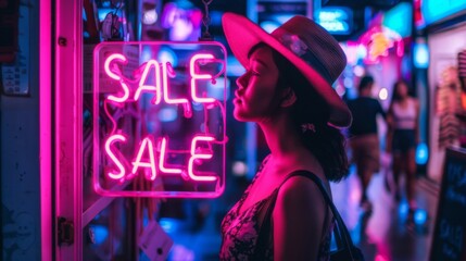 Poster - a woman looking at a neon sale sign in a shop