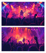 © ssstocker - Musical concert. Performance musicians on stage, rock music group people fan crowd audience night festival band neon background vector illustration