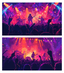 Musical concert. Performance musicians on stage, rock music group people fan crowd audience night festival band neon background vector illustration