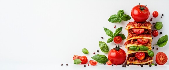 cooking lasagna composition on white background, close-up, vibrant, inviting, appetizing