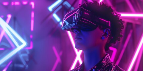 Poster - A person deeply immersed in a highly vibrant and engaging virtual reality experience, showcasing advanced stateoftheart VR goggles amidst a dazzling display of colorful neon lights all around
