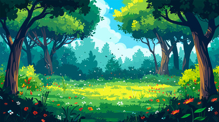 Picturesque forest glade. Nature landscape with tree foliage and grass meadow summer green environment game background vector illustration