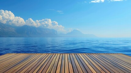 Wall Mural - Scenic ocean view with blue backdrop and elegant wooden floor.