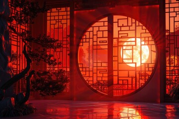 Poster - A circular window framing the sunset, with warm tones and soft lighting