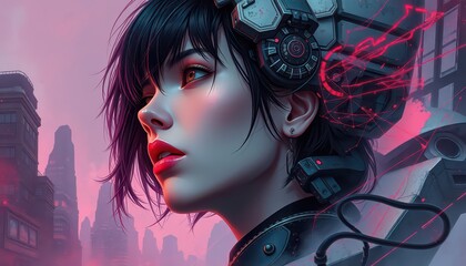 Poster - Cyberpunk Woman with Cityscape Background.