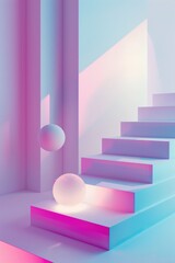 Poster - A cozy room with a pink and blue color scheme, featuring stairs and a ball