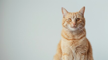 Wall Mural - A bright orange cat sitting on top of a wooden table, looking around curiously