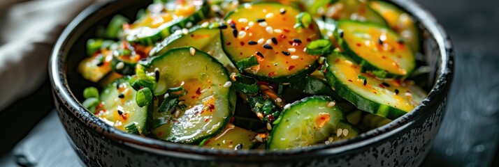 Canvas Print - Close-up of a Japanese cucumber salad with Asian dressing presented in a black bowl, captured from a vertical perspective.